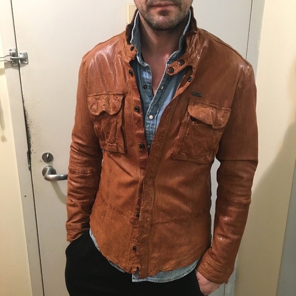 Diesel Leather Brown Western Men Shirt Jacket Sz S - Picture 1 of 8